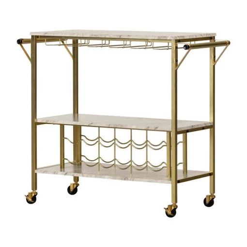Maliza Bar Cart with Wine Bottle Storage and Wine Glass Rack Faux Carrara Marble by South Shore -South Shore Shop faux carrara marble and gold south shore bar carts 12805 64 1000