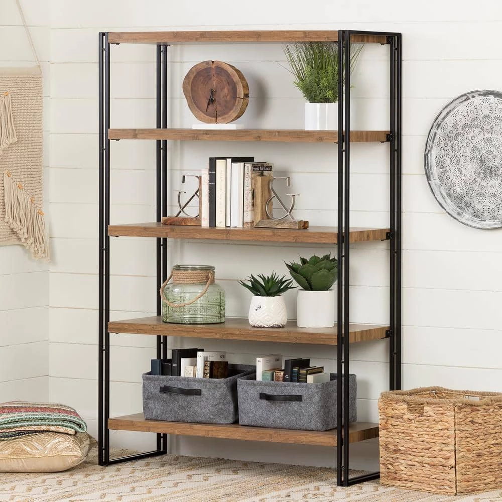 61.5 in. Rustic Bamboo Metal 5-shelf Accent Bookcase with Open Back by South Shore 2 61.5 in. Rustic Bamboo Metal 5-shelf Accent Bookcase with Open Back by South Shore - Image 2
