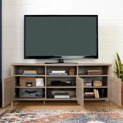 Balka 59 in. Rustic Oak and Faux Printed Rattan Particle Board TV Stand Fits TVs Up to 65 in. with Storage Doors by South Shore -South Shore Shop rustic oak and faux printed rattan south shore tv stands 12921 fa 1000