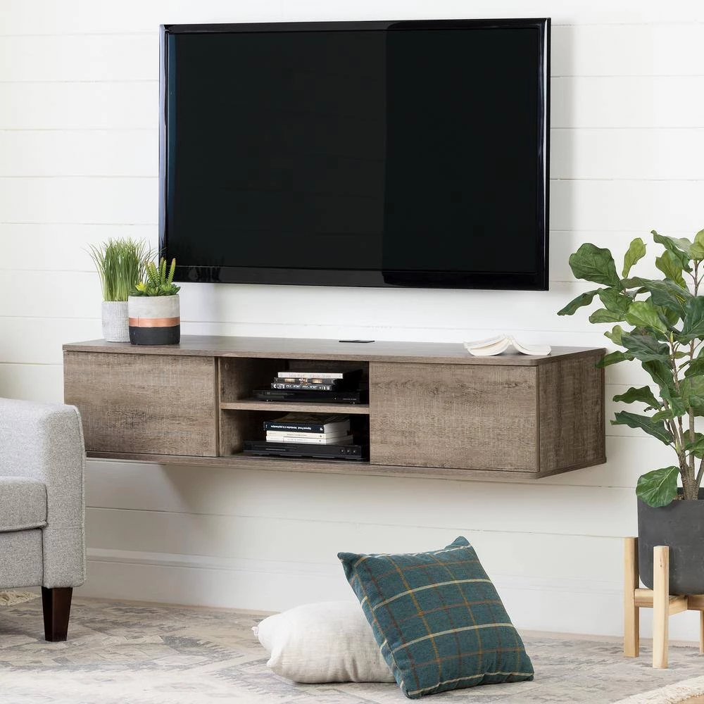 Agora Weathered Oak 56 in. Wide Wall Mounted Media Console by South Shore 3 Agora Weathered Oak 56 in. Wide Wall Mounted Media Console by South Shore - Image 3
